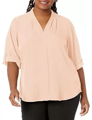 Women's Plus Size Roll Sleeve Blouse With Inverted Pleat Front