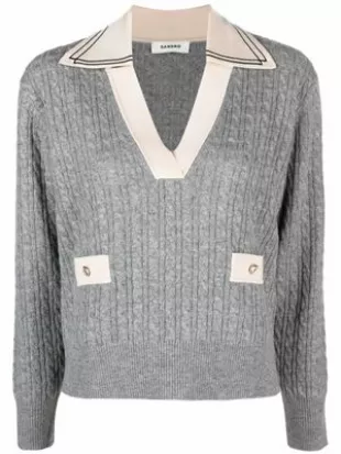 Contrast-collar Cable-knit Jumper