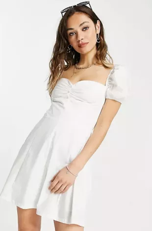 Poplin Button-Down Milkmaid Dress In White