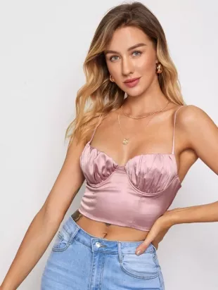Ruched Bust Lace-up Back Satin Crop Cami Top