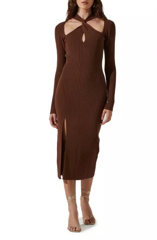 Cutout Twist Front Long Sleeve Sweater Dress