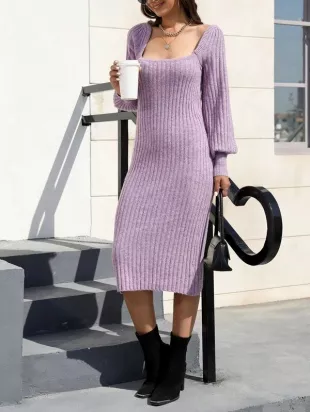 Square Neck Lantern Sleeve Sweater Dress
