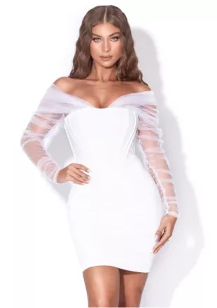 Zofia White Off Shoulder Mesh Sleeve Corset Dress