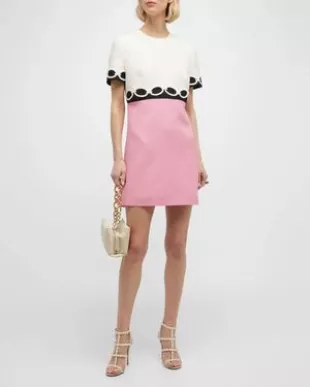 Contrast Mini Dress with Embroidered Chain Detail