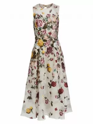 Floral-Embroidered A-Line Midi-Dress