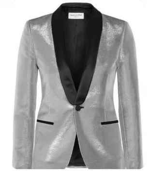 Saint Laurent Silver Satin Trimmed Lamé Tuxedo Blazer worn by Emily Cooper (Lily Collins) as seen in Emily in Paris (S03E02) | Spotern