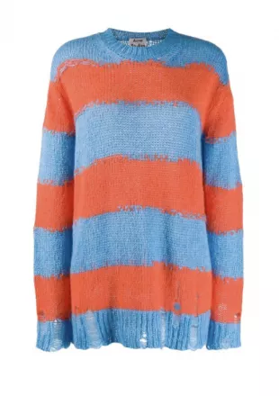 Women's Blue Distressed Striped Sweater