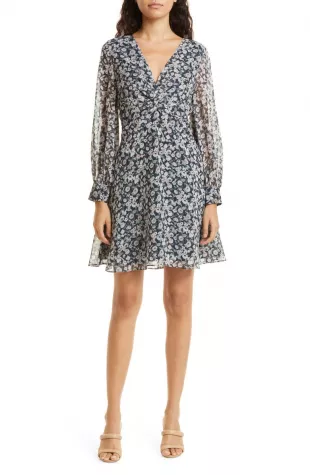 Club Monaco - Floral Print Long Sleeve Silk Minidress