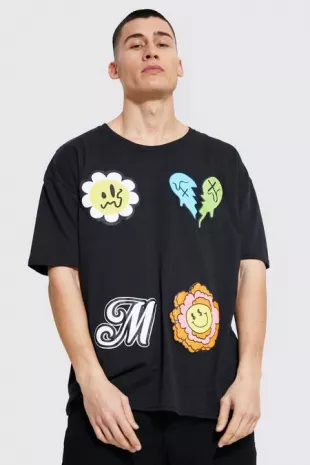 Oversized Multi Placement Graphic T Shirt