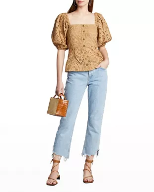 Broderie Anglaise Puff-Sleeve Button-Down Top