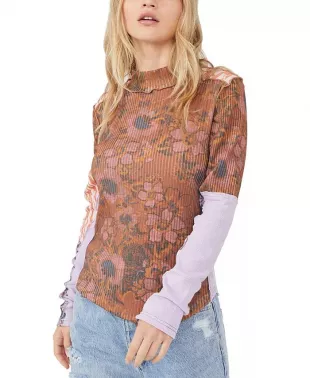Long Sleeve Mock Neck Meadow Print Top
