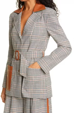 Paprika Glen Plaid Belted Jacket with Faux Leather Trim