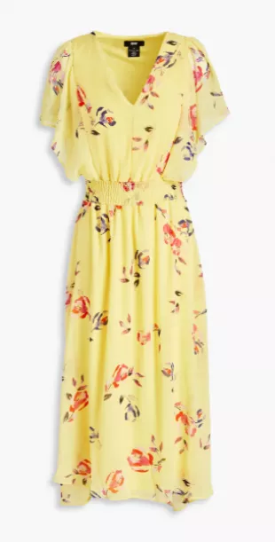 Shirred Floral-Print Crepon Midi Dress