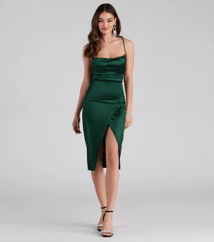 windsor - Lillyanne Formal Satin Asymmetrical Midi Dress