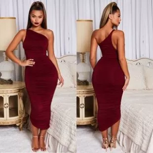 Burgundy One-Shoulder Ruched Dress