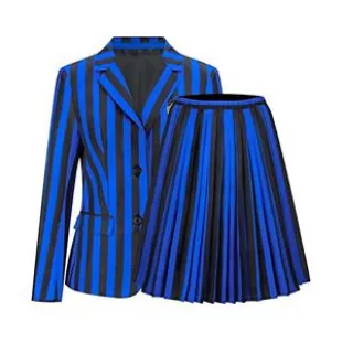 Wednesday Costume Women Girls School Uniform Pleated Skirt Adult Stripes Suits Sets Halloween Party Outfits (Blue, Medium)