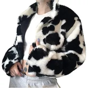 Meoilce - Faux Fur Jackets for Women Fashion Cows Print Winter Shaggy ...