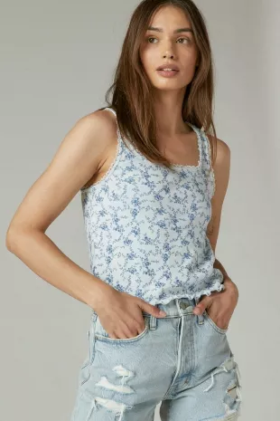 Lucky Brand Printed Lace-Trim Tank Top worn by Sarah Cameron