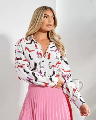 unique - White Multi Shoe Print Button Up Blouse