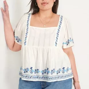 Embroidered Flutter Sleeve Square Neck Plus Size Top