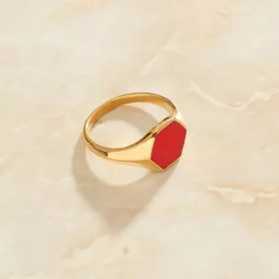 Gold Hexagonal Red Set Signet Ring