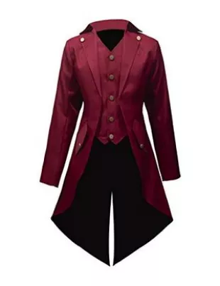 Men‘s Steampunk Vintage Jacket Gothic Victorian Frock Coat Uniform (Red, X-Large)