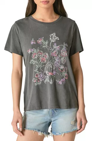 Embroidered Floral Cotton Graphic Tee