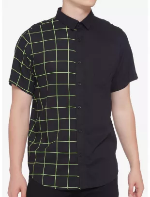 Neon Green & Black Grid Split Woven Button-Up