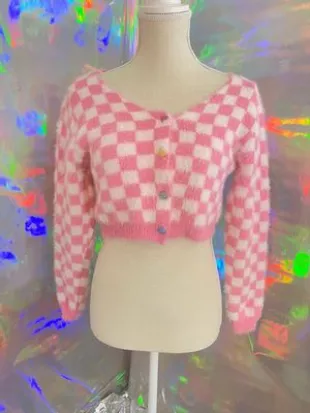 Pink checkered Cropped Cardigan