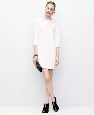 Winter White Cream Stone Embellished Shift Dress