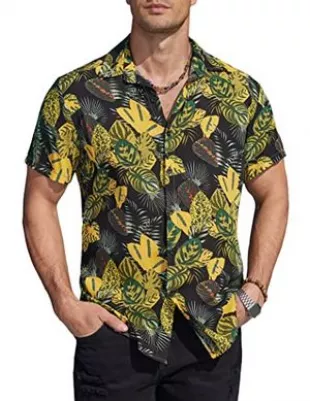 Men's Rose Floral Print Shirt Casual Short Sleeve Button Down Shirt