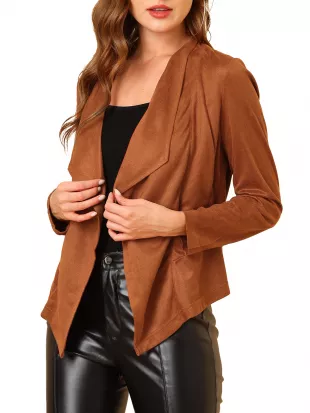 Women's Faux Suede Long Sleeve Draped Front Moto Jacket