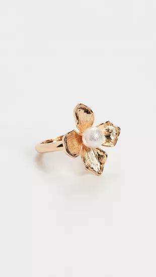 Gold Ring with Imitation Pearl Center Flower