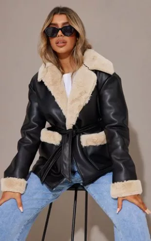Pretty Little Thing - Black Faux Leather Contrast Faux Fur Belted Jacket