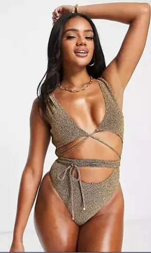 South Beach Exclusive Cut out Wrap Around Swimsuit in Gold Metallic