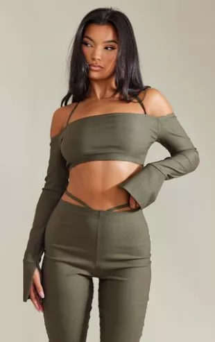 Talika | Terracotta Bardot Crop-Top With Draped Sleeves