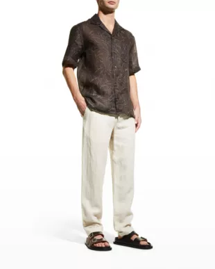 Cuban-collar Foliage-print Linen-canvas Shirt In Brown Whit