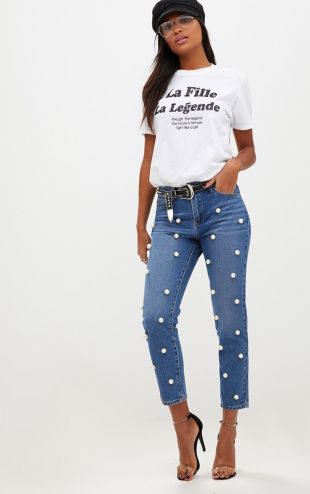 Jean mom délavage bleu moyen avec perles