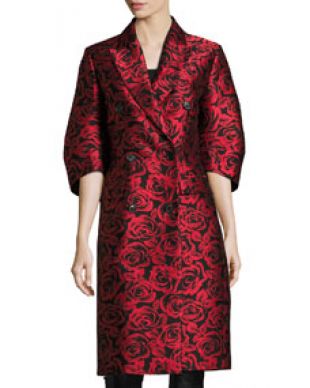 Michael Kors Collection Rose Jacquard Ruched Sleeve Double Breasted Coat, Red/Black