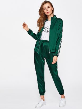 Side Striped Sleeve Zip Up Jacket With Drawstring Sweatpants  SheIn(Sheinside)