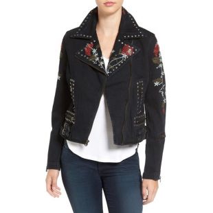 Women's True Religion Brand Jeans Embroidered Denim Moto Jacket