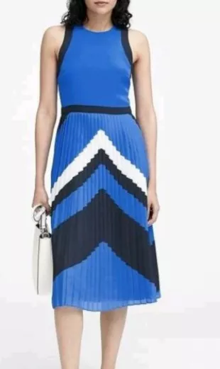 Color Block Chevron Pleated Midi Dress