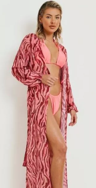 Zebra Chiffon Belted Maxi Beach Kimono- Dusty Rose