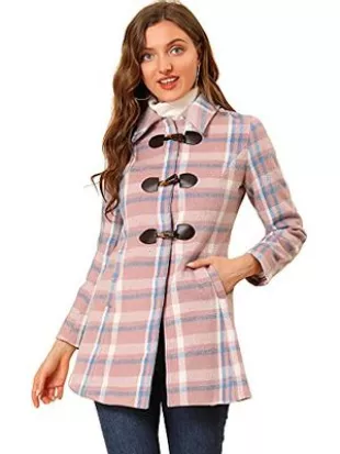 Women's Toggle Outerwear Turn Down Collar Winter Plaid Duffle Coat