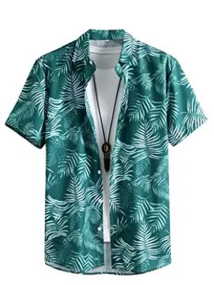 Men's Casual Tropical Print Button Up Top Short Sleeve Shirts Dark Green