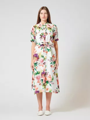 Floral-Print Puff Sleeve Belted A-Line Midi Dress