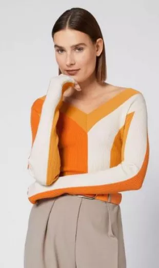 Women's Orange Fitted Deep Neck Ribbed Top