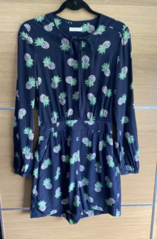 Navy Blue Green Pineapple Silk  Playsuit Jumpsuit Long Sleeves