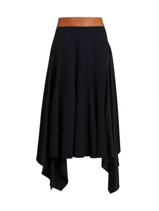 Leather Waistband Asymmetric Midi Skirt