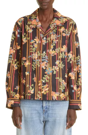 Butterfly Stripe Floral Cotton & Silk Button-Up Shirt